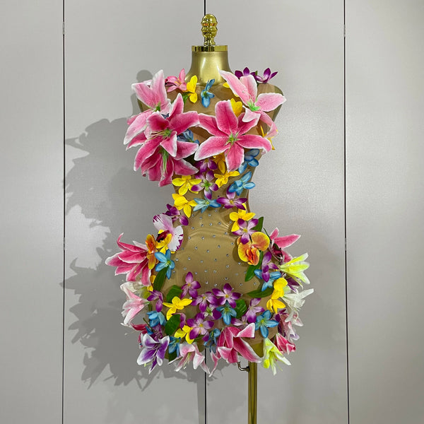 Women Evening Birthday Party Dresses Colorful Flowers Sleeveless Sexy Mesh See Through Mini Dress Nightclub Dancer Stage Wear Wofashion.xyz