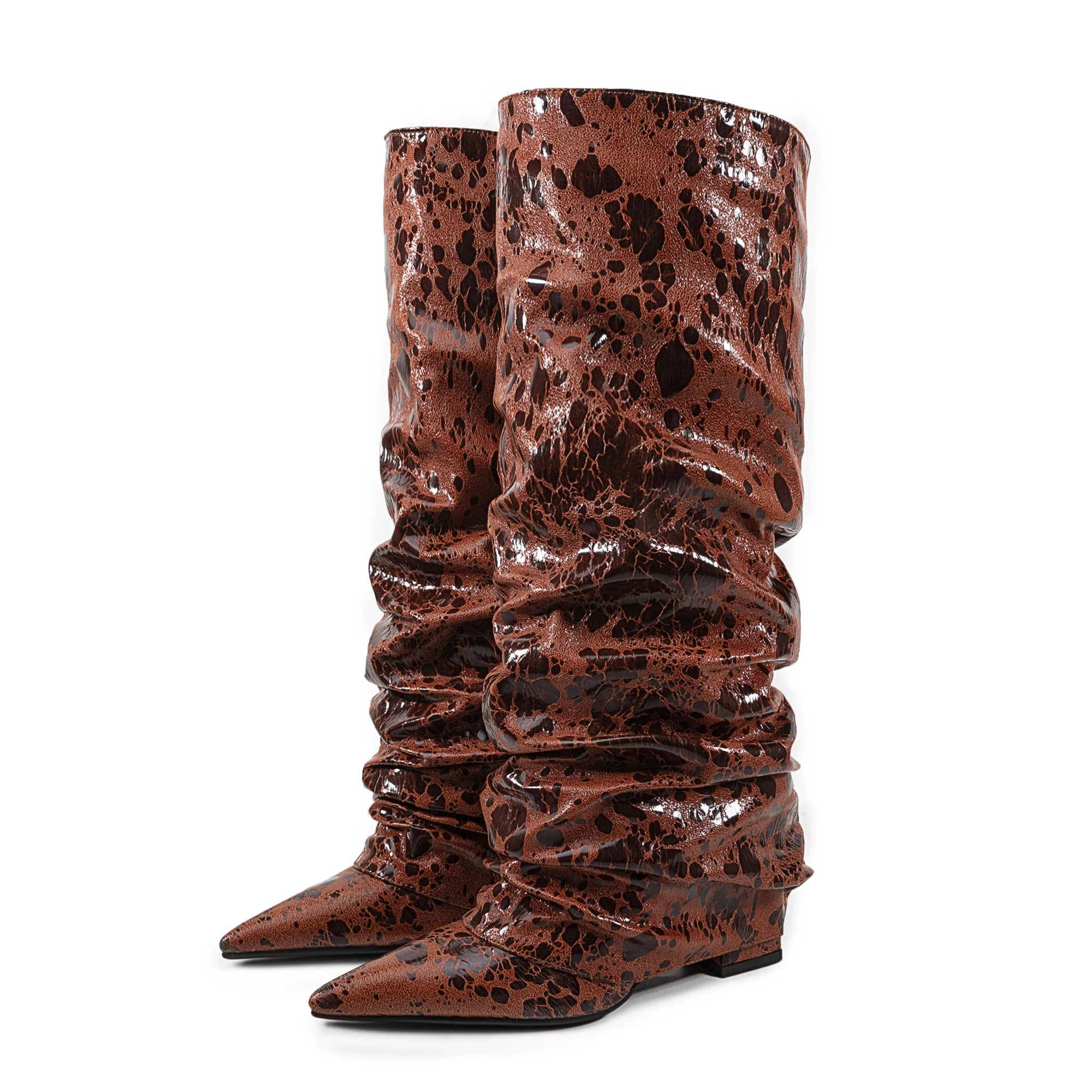 2025 European AndAmerican Women's Autumn and Winter Super Migration Coarse High Heels Fashion Pleated Pointed Sleeve Skirt Boots