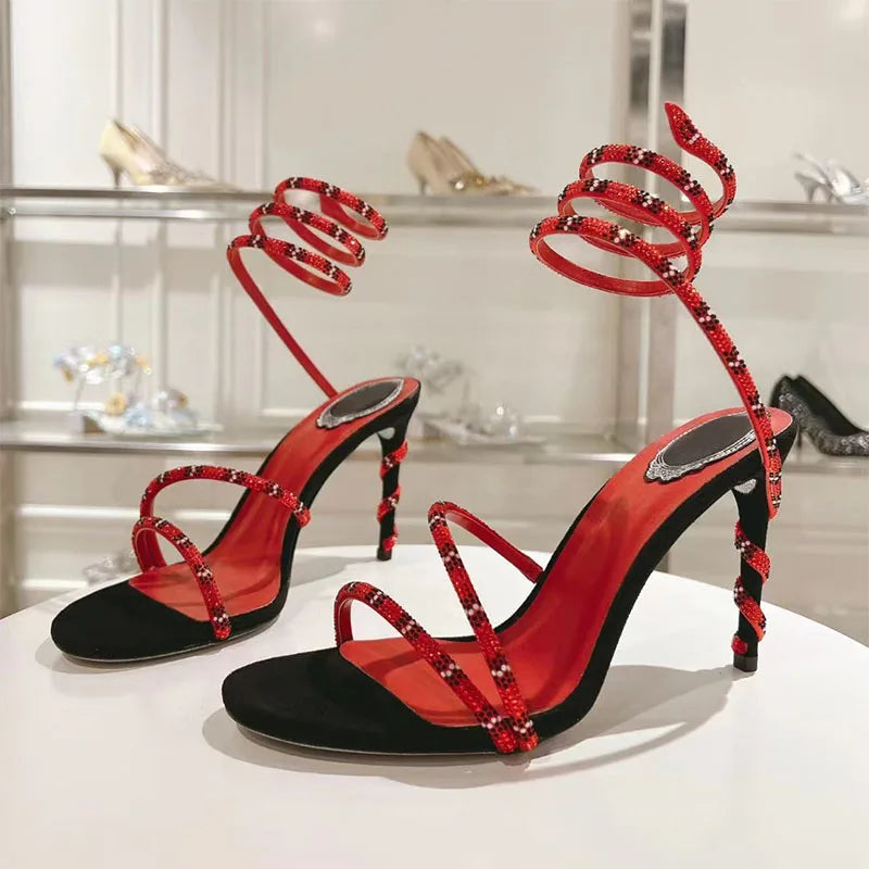 Luxury High Heels Sandals Woman Rhinestone Snake Twine Around Ankle Strap Wedding Shoes Stiletto Summer Gladiator Sandals Women