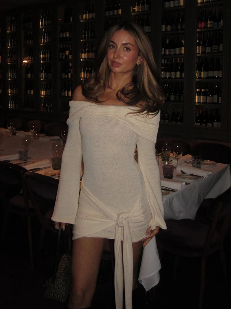 Mozision Off-shoulder Knit Mini Dress For Women Autumn Winter New Strapless Backless Long Sleeve Ruched Draped Knitted Dress