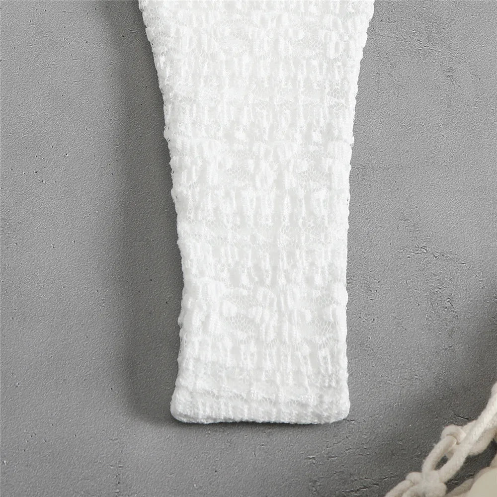 Beige Flower Mesh String Halter Bikinis Sets 4 Piece Sexy Swimsuit Women Long Sleeve Cover Up Swimwear Triangle Bikini Beachwear