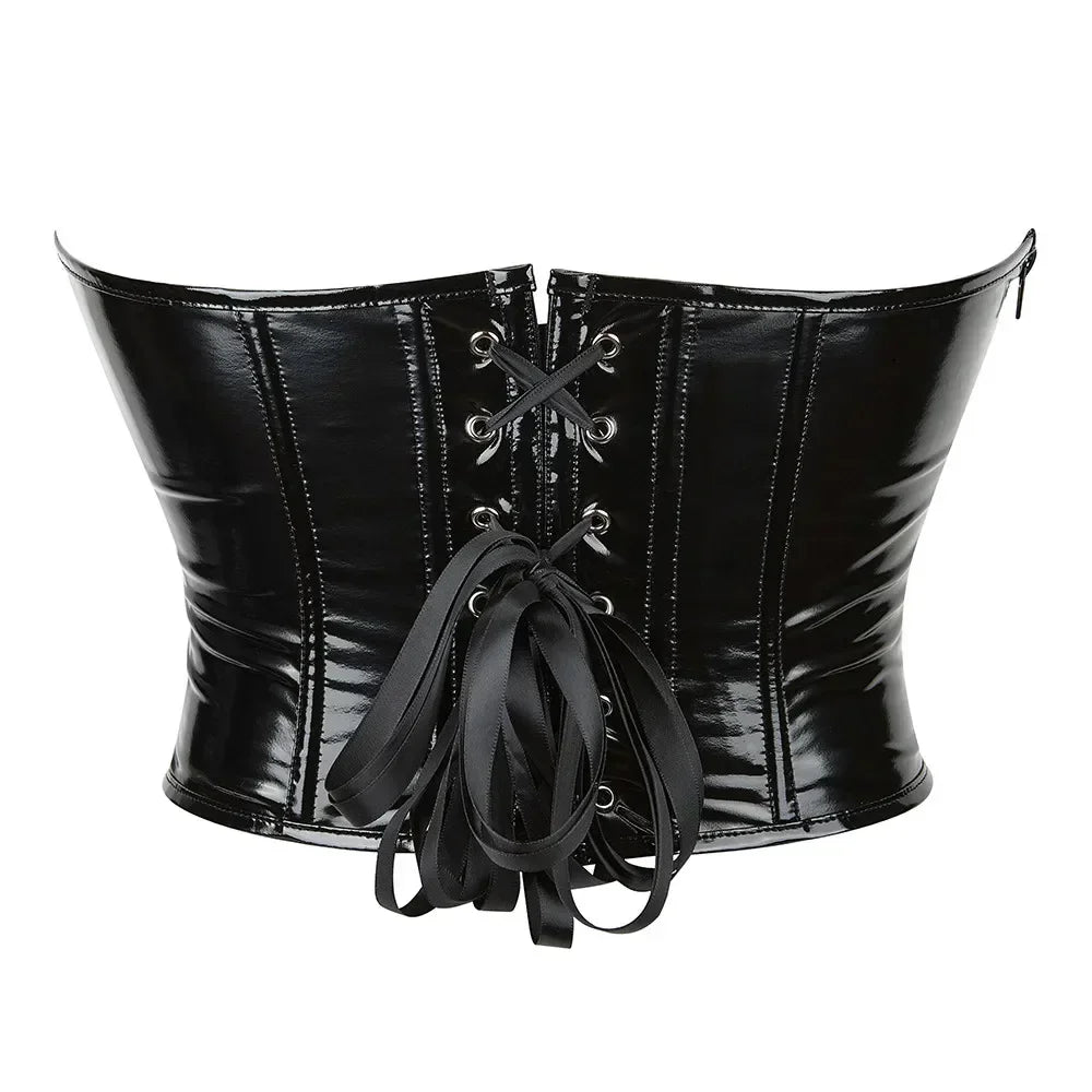 Black Shiny PVC Leather Corset Crop Tops Camisole Underwear Female Bustier With Side Zipper Push Up Corselet Tube Top