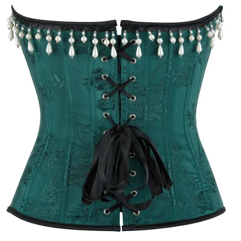 Victorian Retro Overbust Corset Bustier Women's Waist Trainer Shaper Sexy Jacquard Fashion Corselet with 15 Fishbones & Lace-up