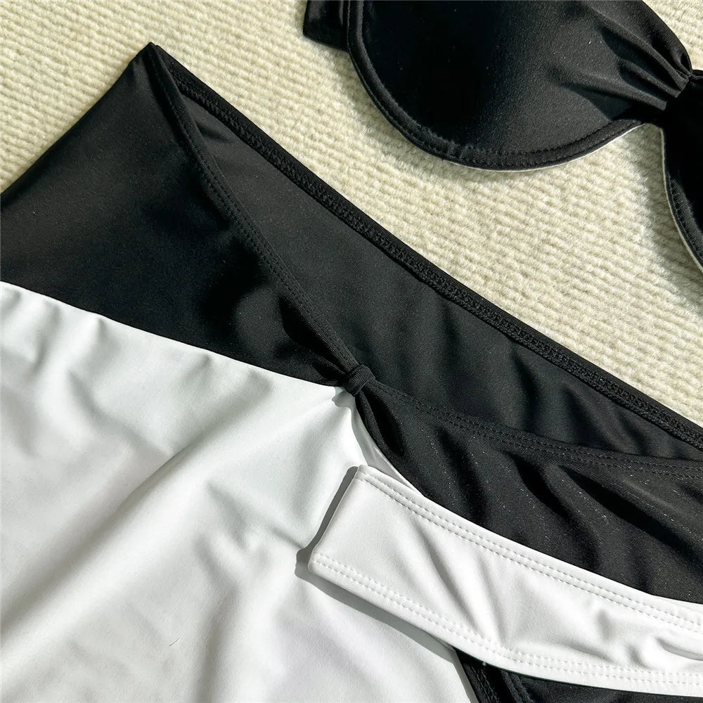 Black White Patchwork Swimwear Push Up Bikinis Sets 3 Piece Mini Skirts Cover Up Sexy Swimsuit Women 2025 Beachwear Bikini Mujer