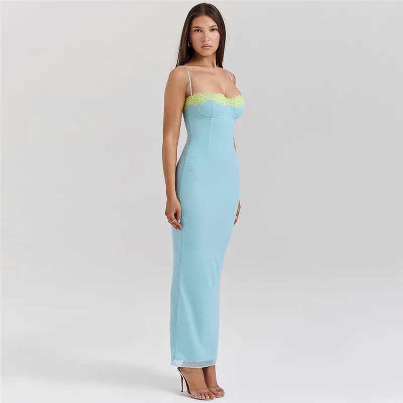 Mozision Lace Spaghetti Strap Bodycon Maxi Dress Women Gown Patchwork Fashion Sleeveless Backless Sexy Club Party Dress Elegant