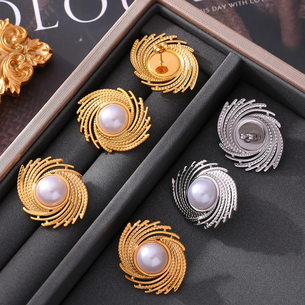 Dynamic Earrings For Women Roated Pearl Luxury Stainless Steel Vintage Gold Plated Waterproof Ear Stud Charm Jewelry Gift