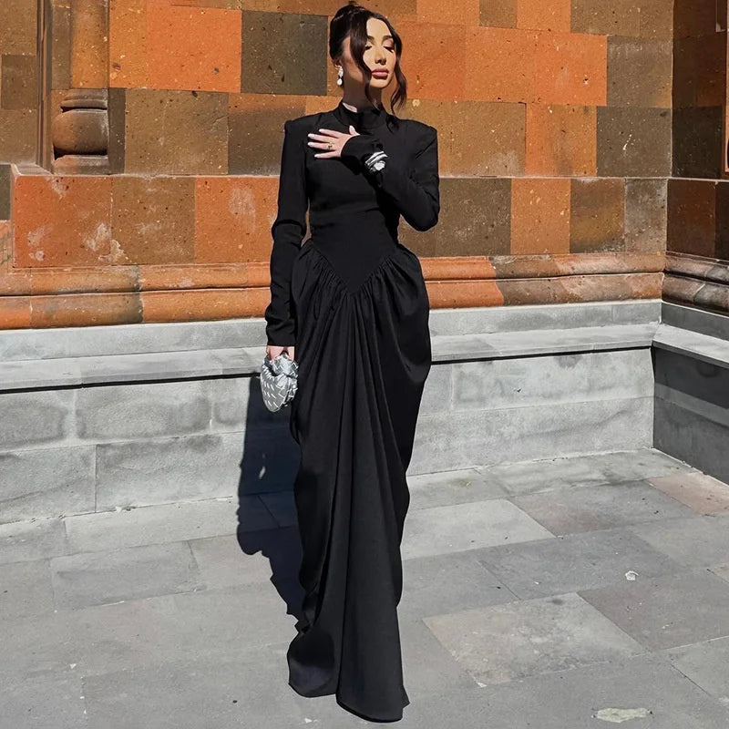 Mozision Turtleneck Long Sleeve Sexy Maxi Dress Women Gown Autumn Winter Elegant High Waist Draped Ruched Club Party Long Dress