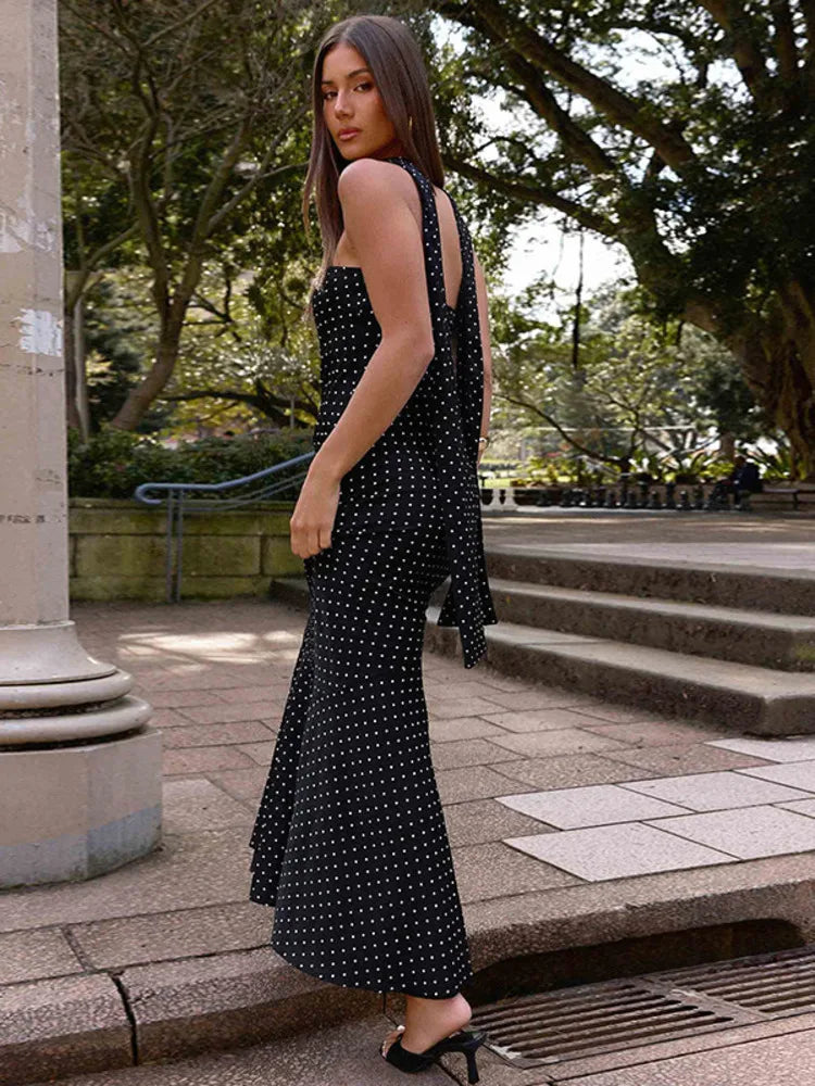 Mozision Polka Dot Strapless Sexy Maxi Dress Women Gown Elegant Scarf Collar Off-shoulder Backless Sleeveless Club Party Dress