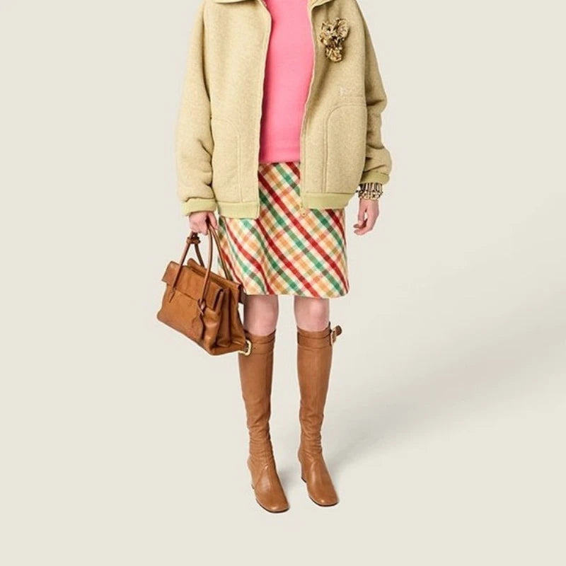 European and American Sexy Hot Girl Belt Buckle Thick High Heels Round Toe Back Zipper Knee Highboots Women's Retro Elasticshoes