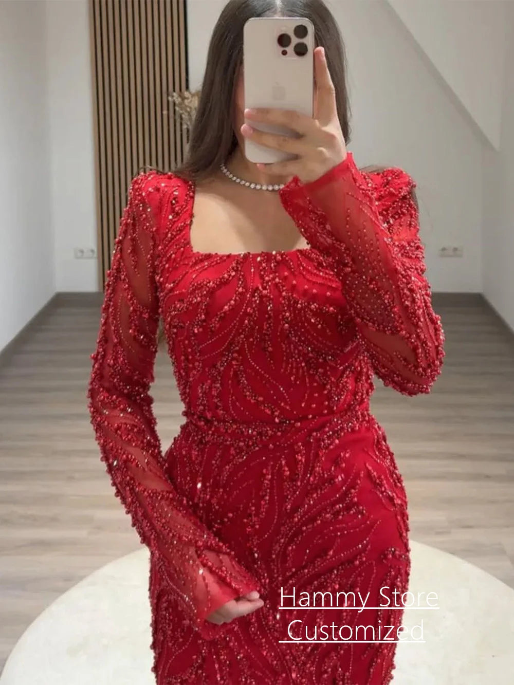 Sparkling Evening Dress Customized Square Neck Full Sleeves Beading  Sequined Sheath Pageant Party Gown Formal Prom Dresses