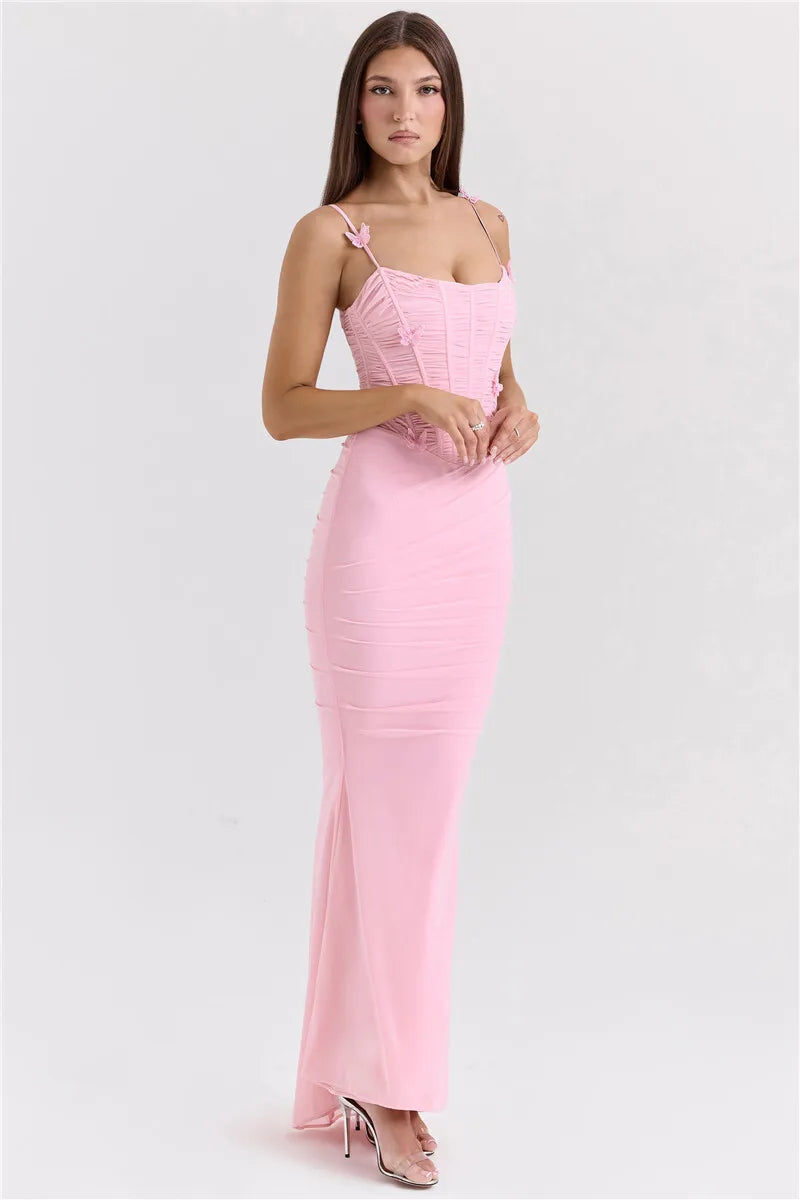 Mozision Bow Spaghetti Strap Sexy Maxi Dress For Women Gown Elegant Off-shoulder Sleeveless Backless Evening Club Party Dress