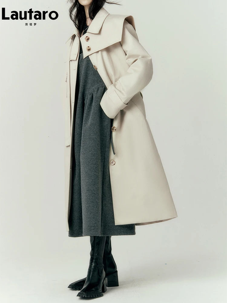 Lautaro Autumn Cool Long Trench Coat for Women Removable Sailor Collar and Pockets Belt Runway Fashion Luxury Designer Clothes