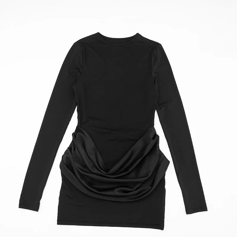 Mozision Long Sleeve Ruched Sexy Mini Dress Women Gown Elegant Satin Patchwork O Neck High Waist Club Party Dresses Fashion