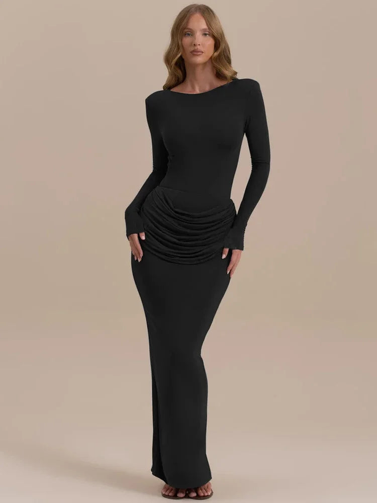 Long Sleeve Ruched Sexy Maxi Dress For Women Gown Autumn Winter New O Neck High Waist Bodycon Club Party Long Dresses