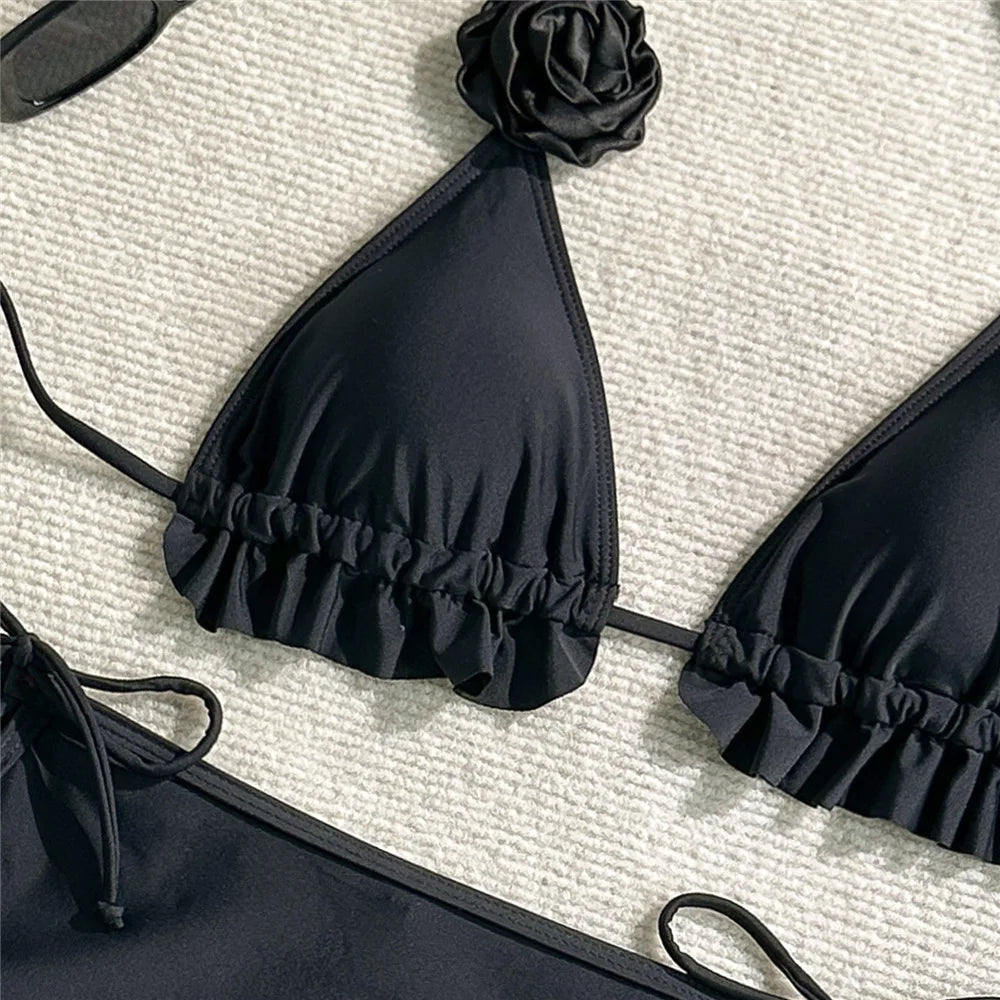 Solid White 3D Flower 3 Piece Bikini Set Skirts Mini Skirts Cover Ups Sexy Swimsuit Women 2025 Swimsuit Beachwear Thong Bikini