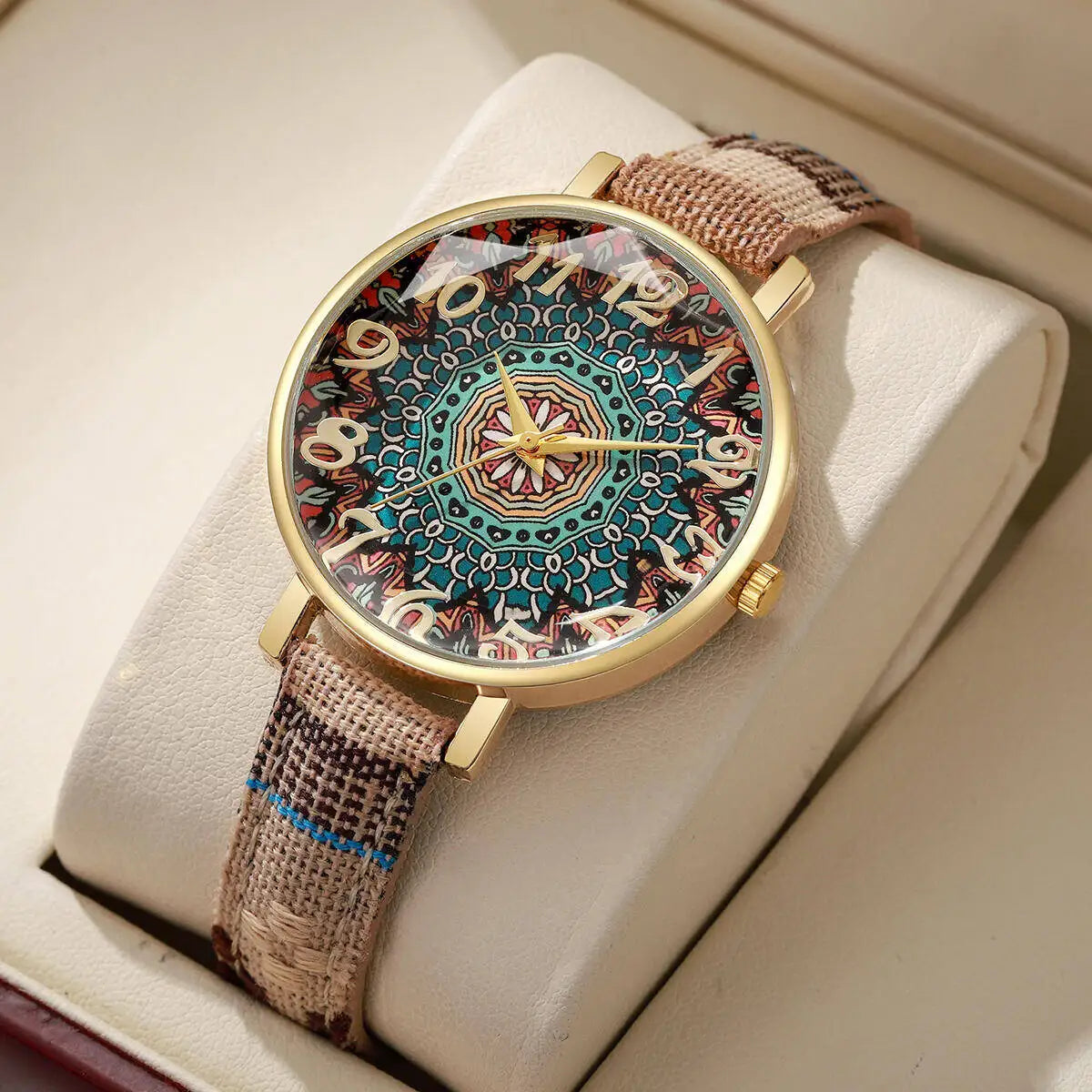 Fashion Women Watches Vintage Flowers Printed PU Strap Quartz Watch for Women Clock Gift Reloj Mujer（Without Box）