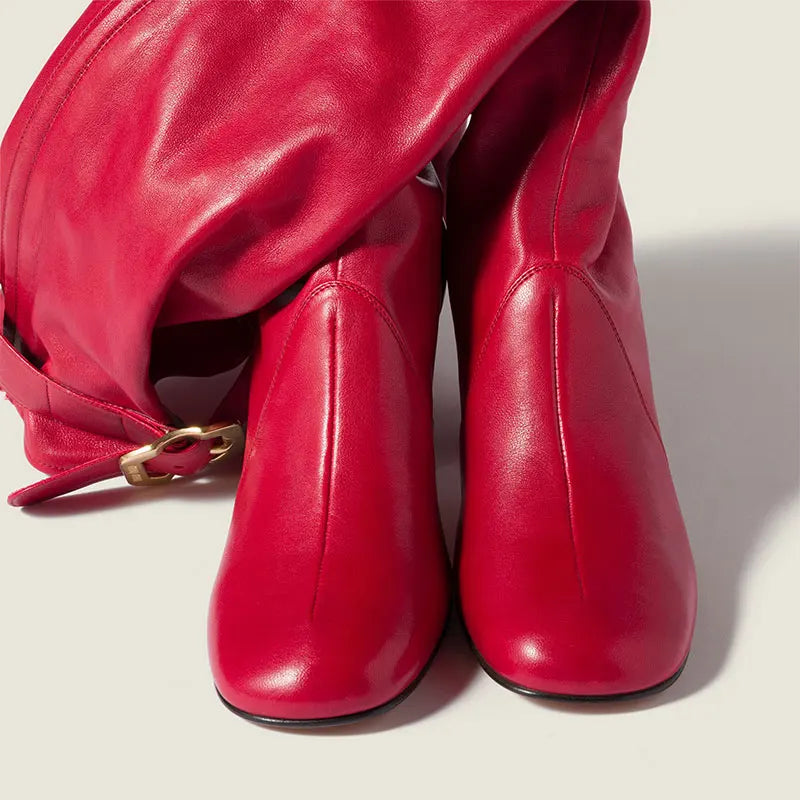 European and American Sexy Hot Girl Belt Buckle Thick High Heels Round Toe Back Zipper Knee Highboots Women's Retro Elasticshoes