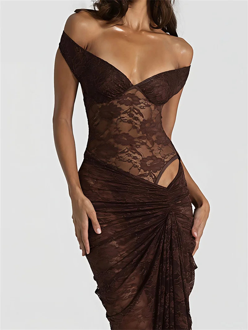 Mozision Lace See Through Sexy Two Piece Set Women Elegant Off-shoulder Backless Bodysuit And Maxi Skirt Matching Club Dress Set