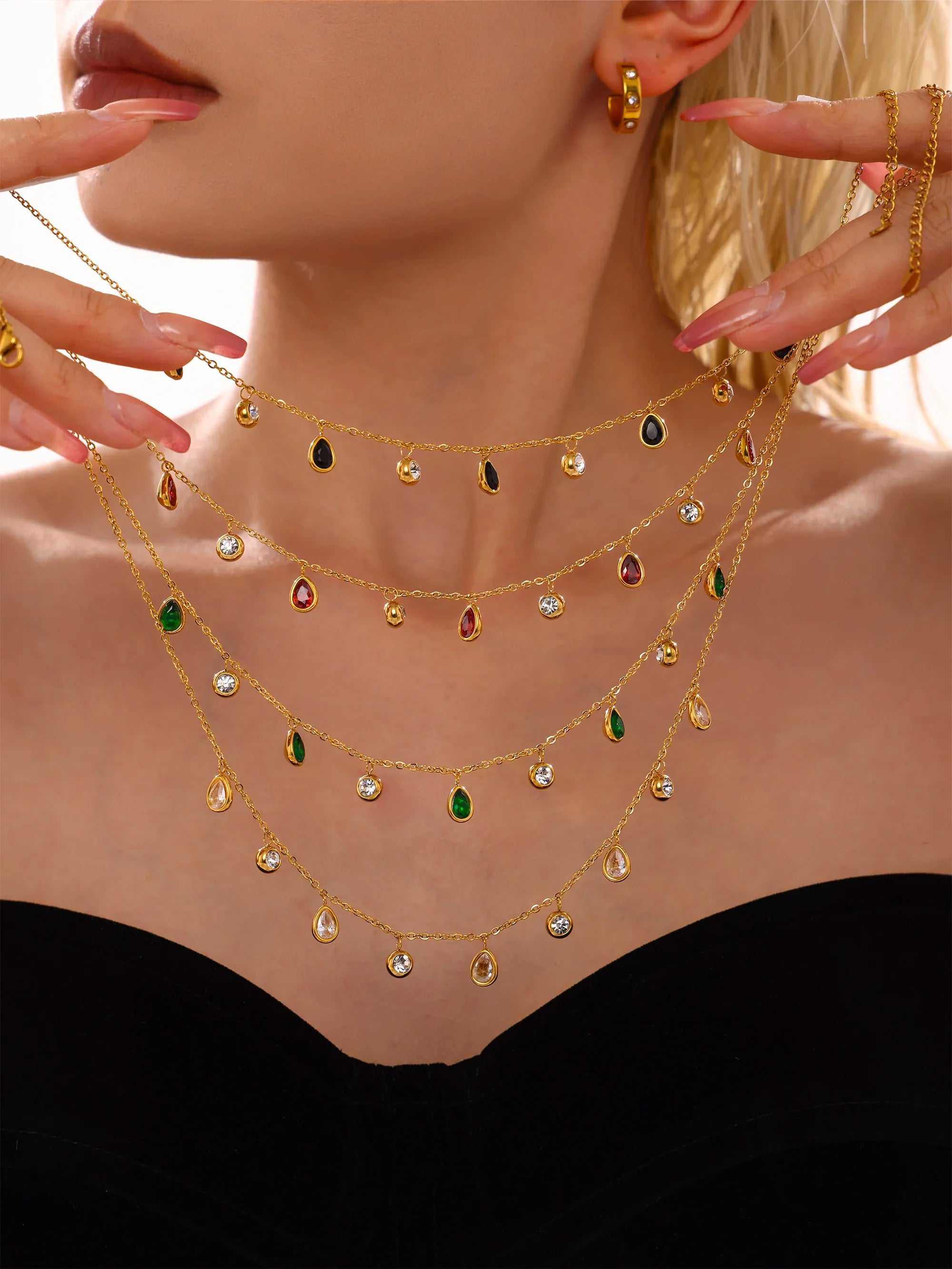 Beautiful Necklace for Women Red Green Zircon Tassel Stainless Steel Waterproof O Chain Gold Plated Charm Jewelry Gift Wofashion.xyz