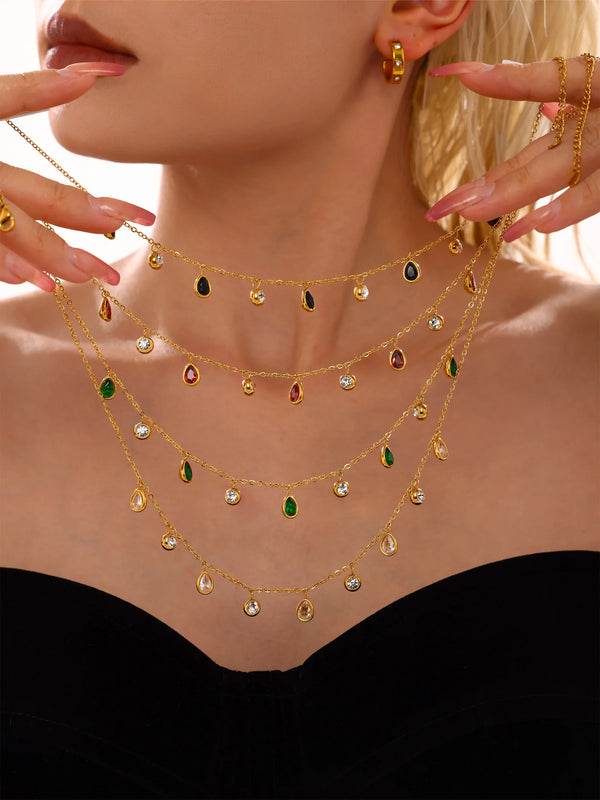 Beautiful Necklace for Women Red Green Zircon Tassel Stainless Steel Waterproof O Chain Gold Plated Charm Jewelry Gift Wofashion.xyz