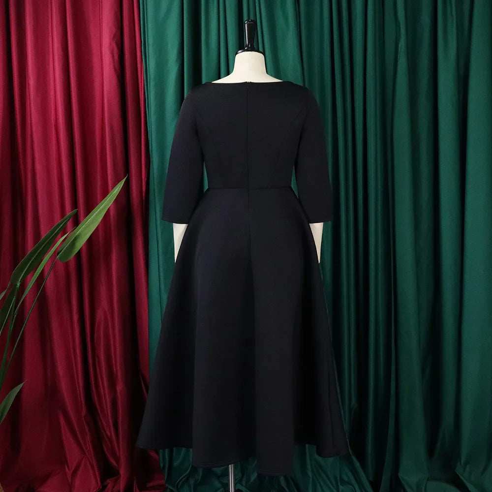 Elegant Party Dress for Woman 2024 Modern O Neck Three Quarter Sleeve High Waisted A Line Mid Calf Birthday Dinner Wedding Cloth