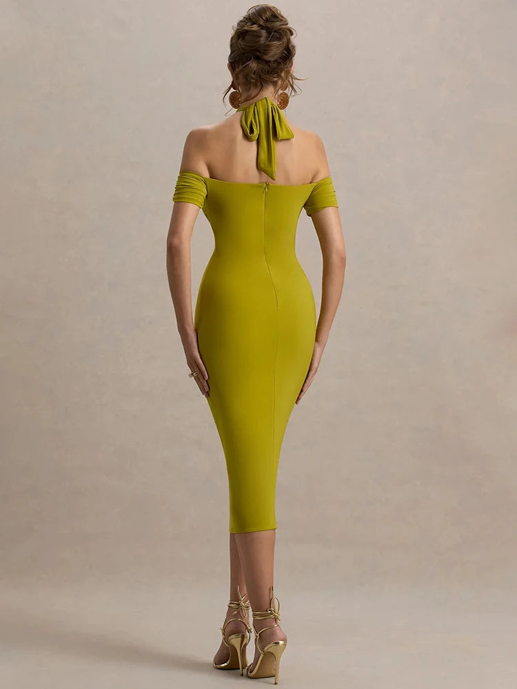 Mozision Hollow Out Halter Backless Sexy Midi Dress Women Fashion Off-shoulder Sleeveless Skinny Club Party Long Dress Elegant