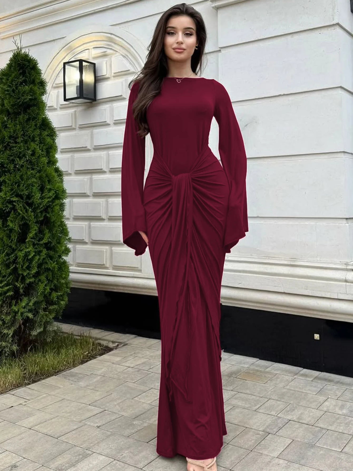 Dulzura Autumn Fashion Elegant O-Neck Long Flare Sleeve Ruched Slim Fit Ribbon Long Dress Women'S Solid Casual Party Club Outfit
