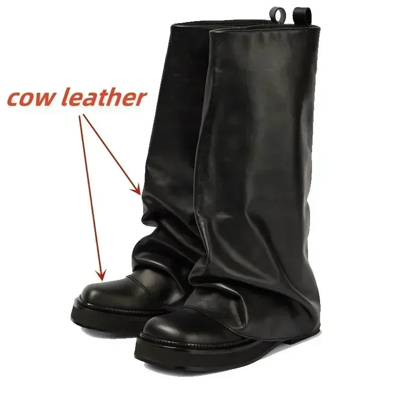 New Large Walled Flat Bottomed Round Toe Sleeve Knee High Pleated Women's Boots Retro Knight Boots Shoes for Women