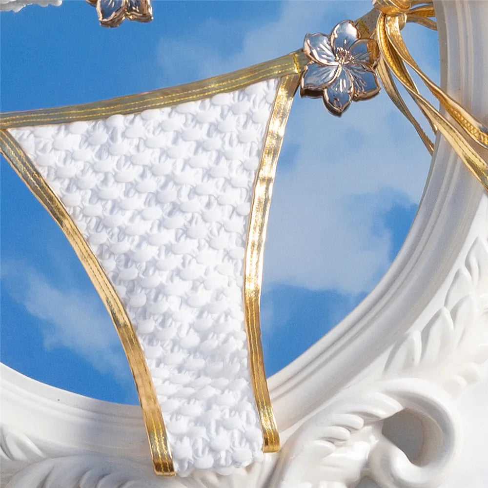 Metal Flower Ornament Sexy Swimsuit Women Halter String Triangle Micro Bikini Thong Swimwear Bathing Suit White Bikinis Sets