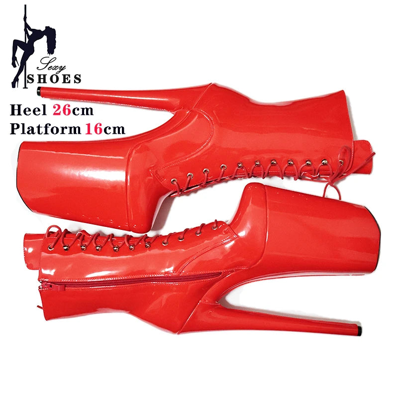 New 26cm/10inchs Super High Heels Women's Boots Stiletto Matte Black Patent Leather Zipper Ankle Boot Pole Dance Striptease Shoe