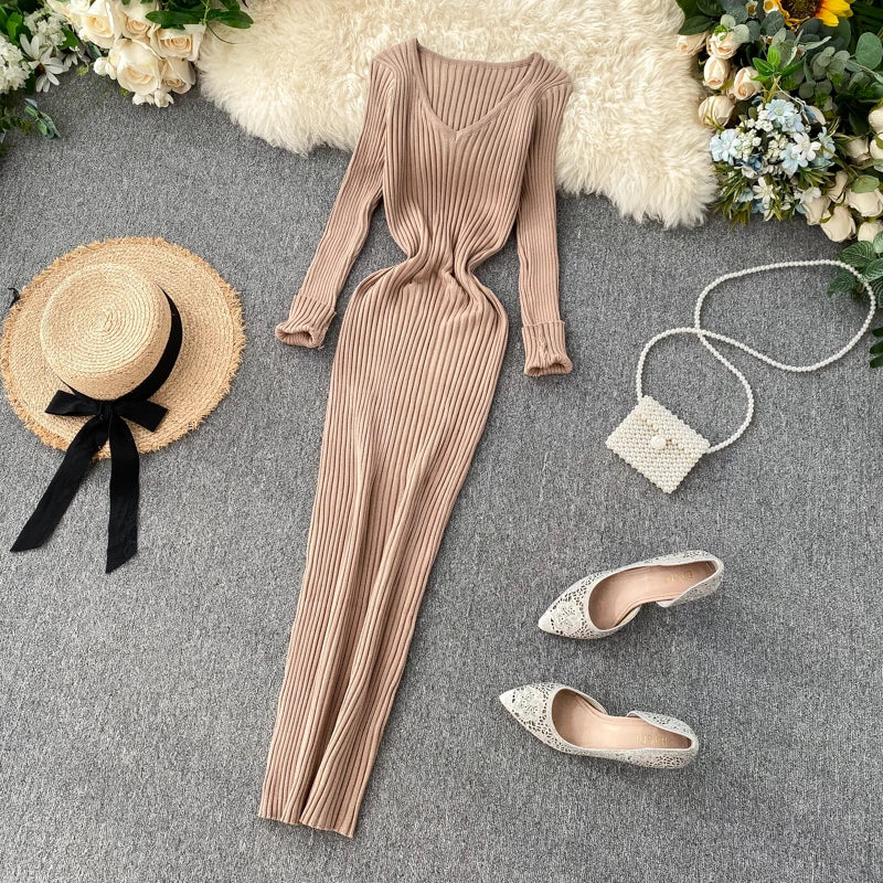 Women's Knitted Midi Dr Pure Color Long Sve Slim Fit High Waist V-Ne Korean Sle Faionable Autumn Winter Dr