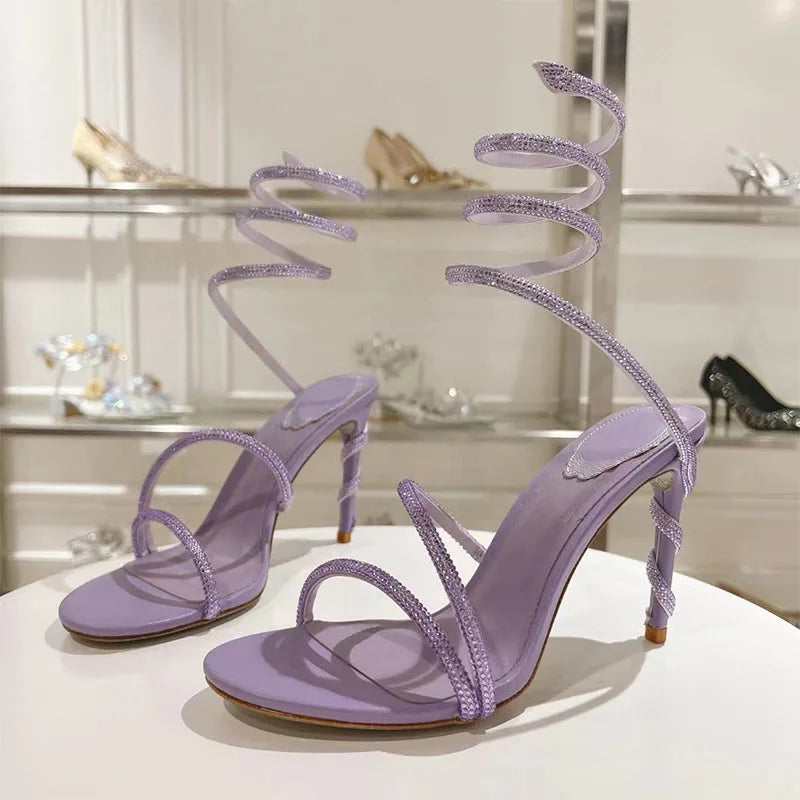 Luxury High Heels Sandals Woman Rhinestone Snake Twine Around Ankle Strap Wedding Shoes Stiletto Summer Gladiator Sandals Women