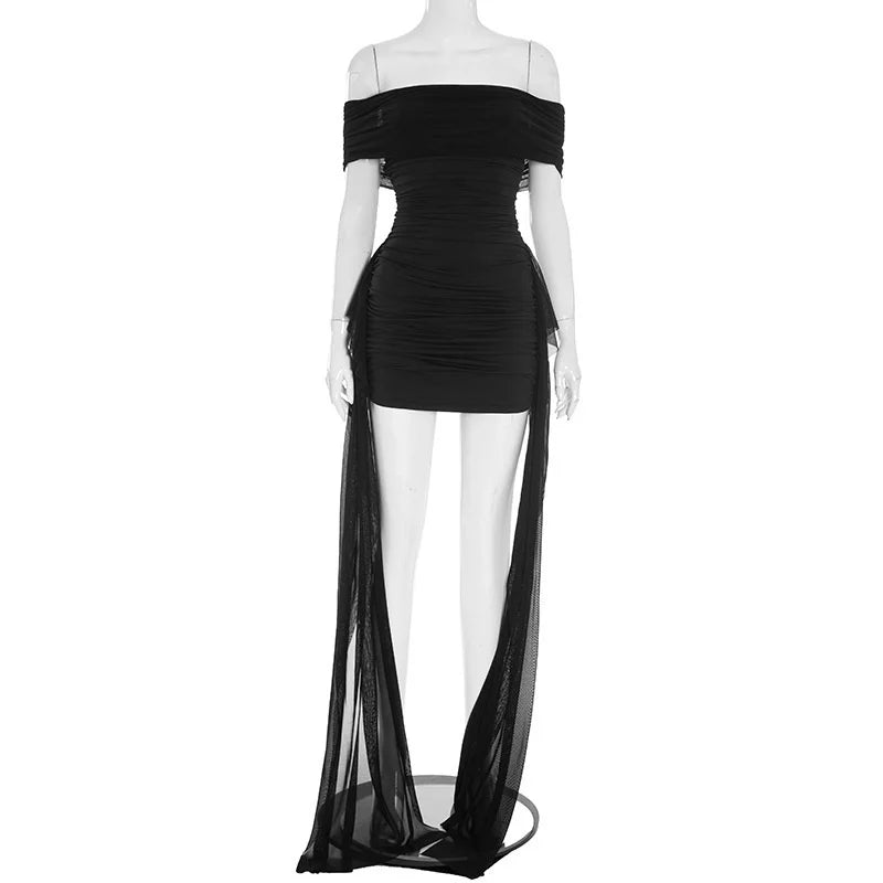 Mozision Off-shoulder Strapless Sexy Mini Dress Women Fashion Mesh Sleeveless Backless Draped Ruched Club Party Dress Female