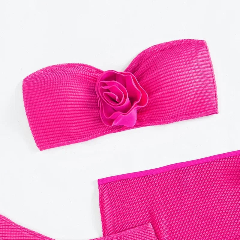 Rose Red 3D Flower Bandeau Bikinis Sets 2025 Sexy Swimsuit Cover Ups Women Skirts Swimwear 3 Piece Bikini Set Beachwear Bather