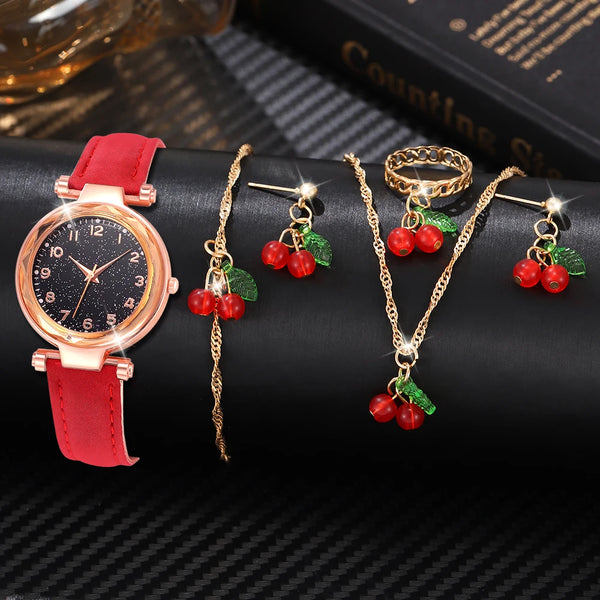 6PCS/Set Red Women's Watch With Minimalist Elements Dial Quartz Watch Latex Strap Cherry Elements Jewelry Set Girl's Gift Wofashion.xyz