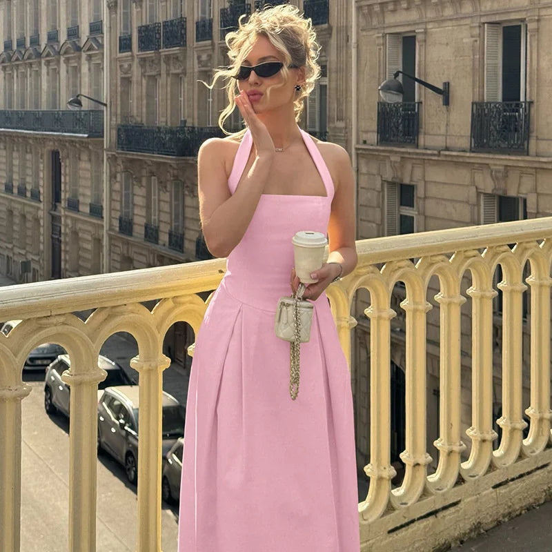 Mozision Halter Backless Sexy Midi Dress Women Fashion Solid Sleeveless High Waist A-line Club Party Pleated Long Dresses Female