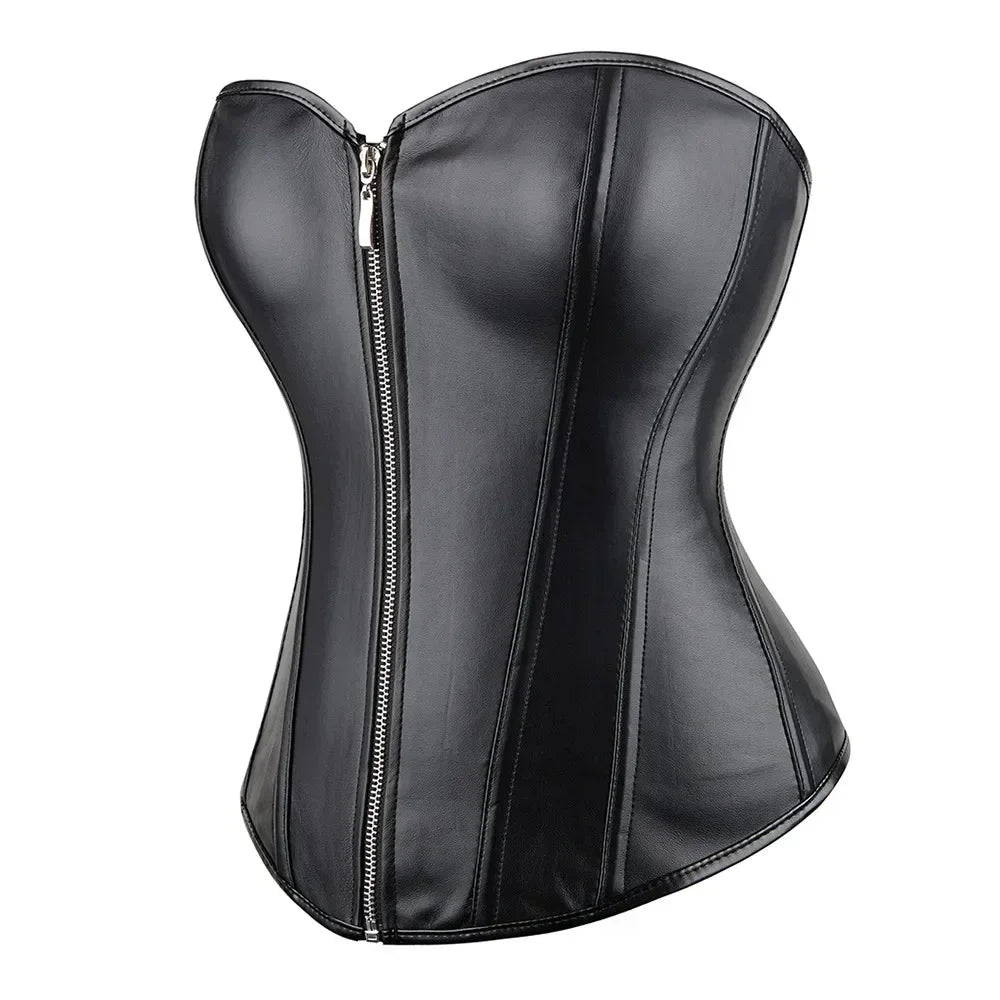 Zipper Shiny Leather Corset Tops Women Overbust Bustier Lace-up Boned Shapewear Lingerie Strapless Sweetheart Corselet