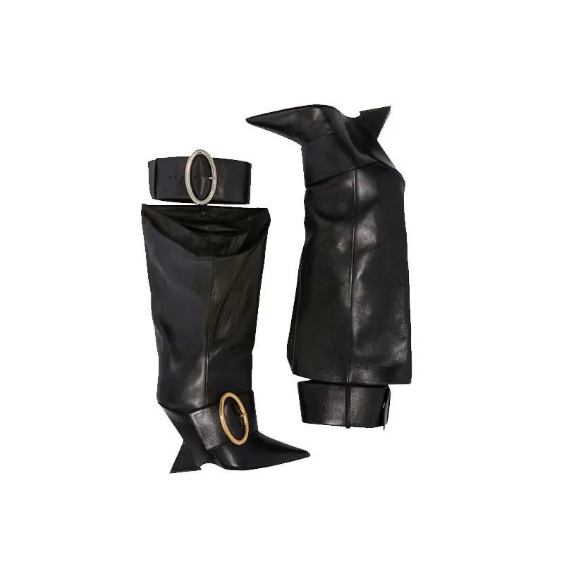 2023 European and American Designer Brand Runway Boots, Women's Fashion Belt Buckle Decoration, Irregular Heel Sleeve Boots