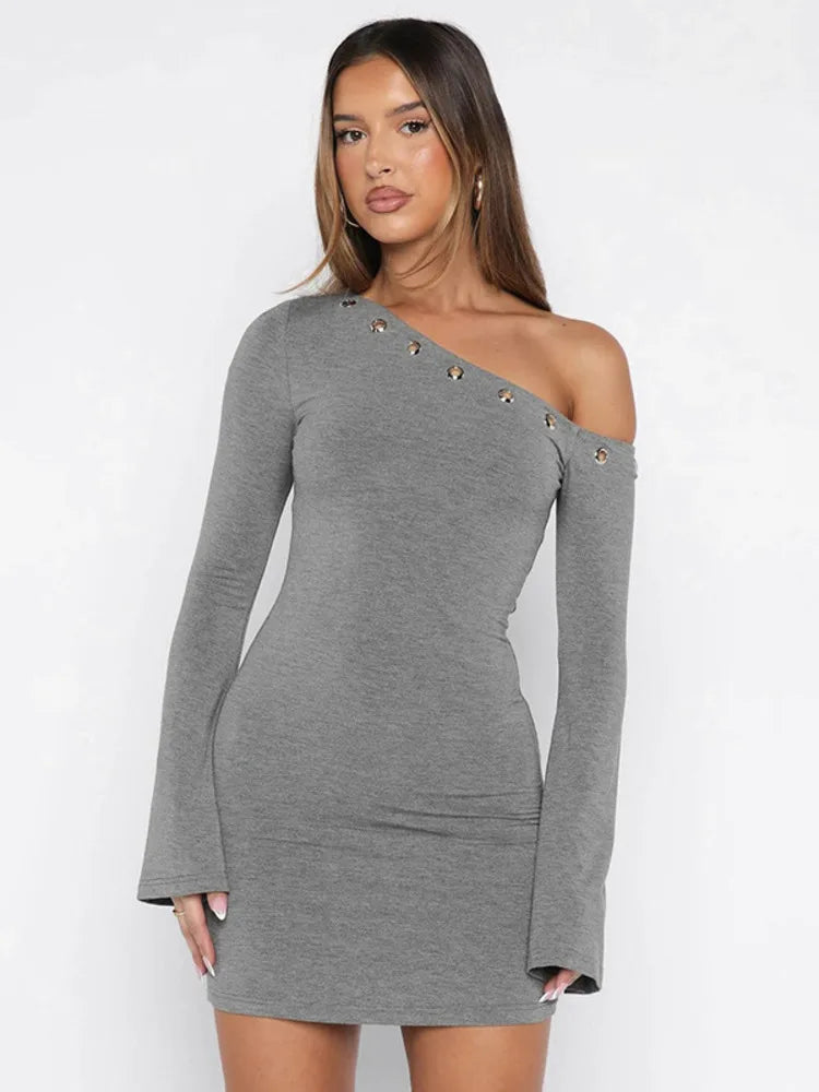 Mozision Inclined Shoulder Long Sleeve Sexy Mini Dress Women Fashion Hollow Out One Shoulder Backless Club Party Dress Female