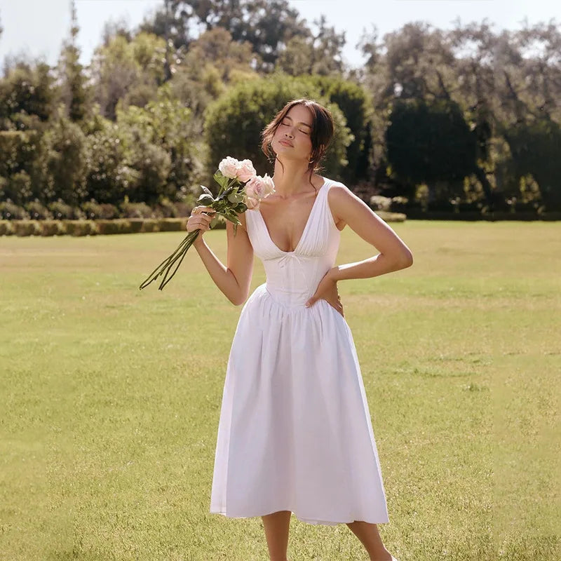 NIDANSSI White Pleated Lace Up Backless Holiday Casual Dress Women Elegant Sexy Dress Bodycon Midi Long Summer Dress Vestidos