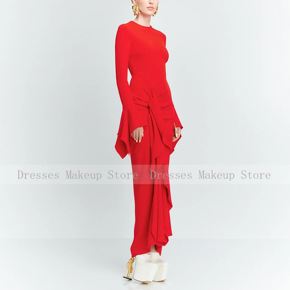 Pink Evening Dress Maxi O Neck Long Sleeves Ruffle Sheath Modest Evening Gowns for Women 2025 Column Formal Party Dresses