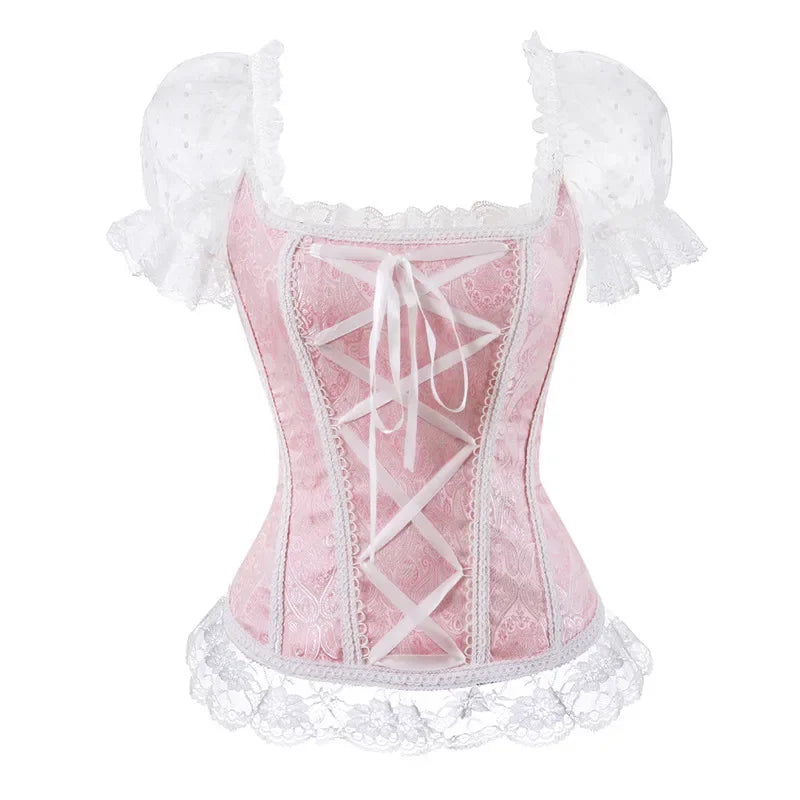 Pink Bustier Lace Short Sleeve Overbust Corset Shoulder Straps Vintage Jacquard Lace-up Bustier Top Body Shapewear Wofashion.xyz