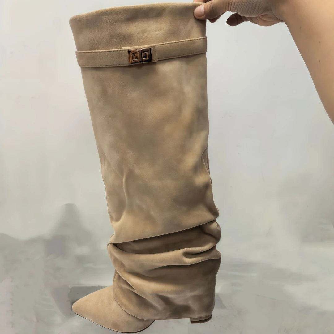 European and American Autumn and Winter New Pointed Straight Leg Skirt Boots for Women, Large Size Thick High Heels Pants Boots