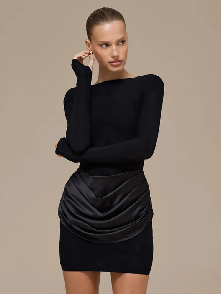 Mozision Long Sleeve Ruched Sexy Mini Dress Women Gown Elegant Satin Patchwork O Neck High Waist Club Party Dresses Fashion