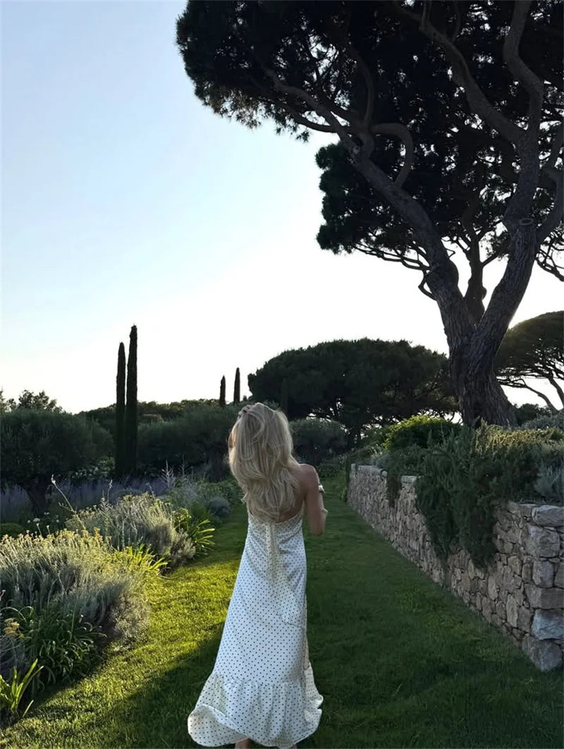 Mozision Polka Dot Ruched Ruffle Sexy Midi Dress Women Gown Fashion Halter Sleeveless Backless High Waist Club Long Dresses