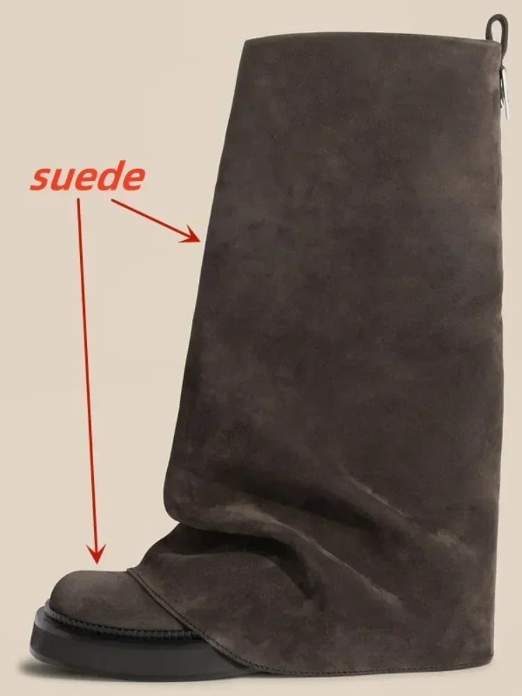 New Large Walled Flat Bottomed Round Toe Sleeve Knee High Pleated Women's Boots Retro Knight Boots Shoes for Women