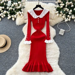 Women's Knitted Midi Dr Pure Color Long Sve Slim Fit High Waist V-Ne Korean Sle Faionable Autumn Winter Dr