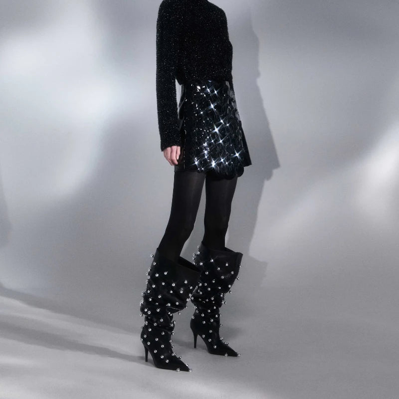 European Niche Design, High-quality Slim High Heels, Wide Knee Boots, Women's Fashionable and Sexy Studded Pleated Sleeve Boots