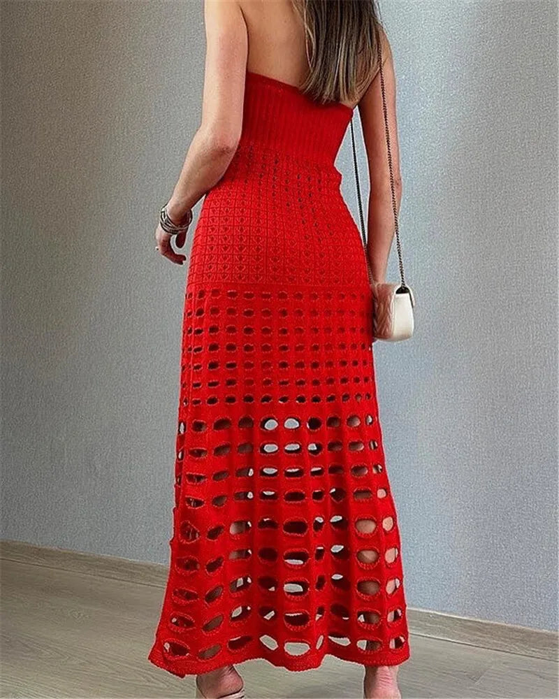 Mozision Strapless Off-shoulder Hollow Out Knit Maxi Dress For Women Gown Fashion Sleeveless Backless Beach Skinny Long Dress