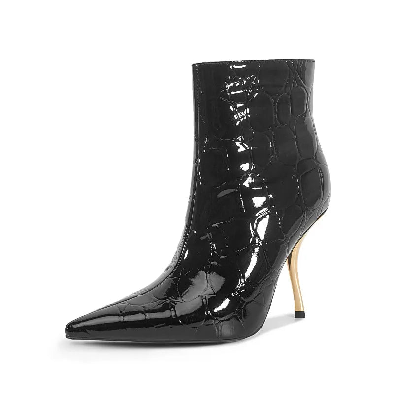 2025European AndAmerican Women's Autumn Andwinter New Style Metal High Heels,advanced Stonepattern Sidezipper Pointed Shortboots Wofashion.xyz